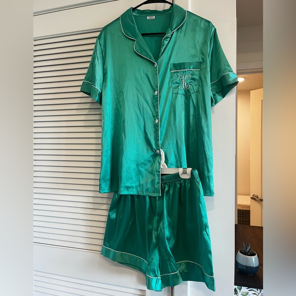 Emerald Green Satin Pajama Set